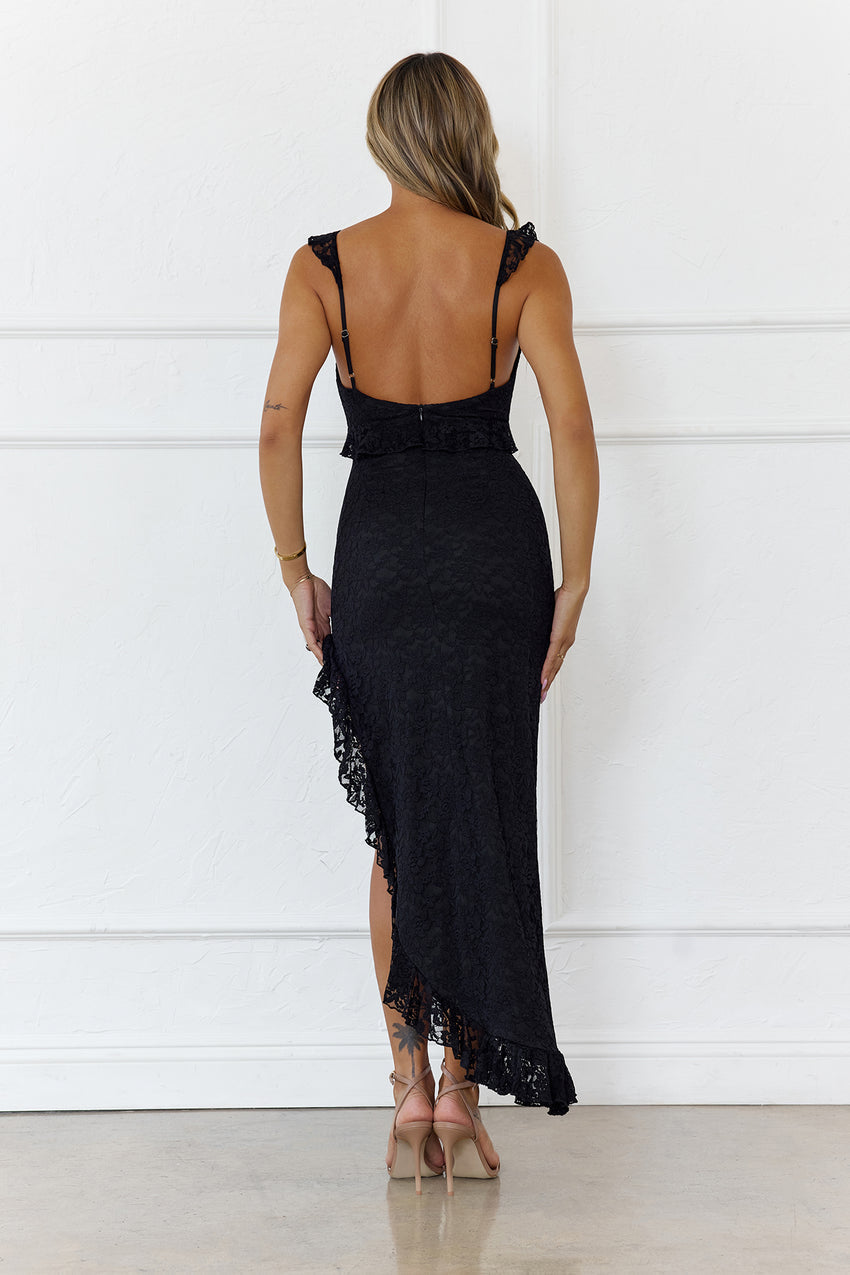 black glitter lace detail bandeau midi dress Dulcie | Black Lace And Satin Bandeau Midaxi Dress With Wrap-Details